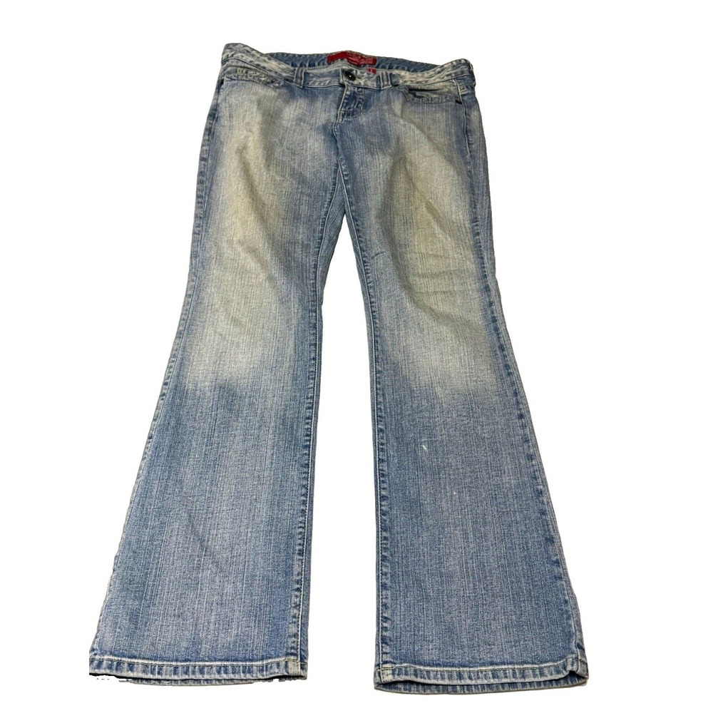Y2K Guess Daredevil Bootcut Jeans Size 31 Light Wash Stretch Embroidered Pockets